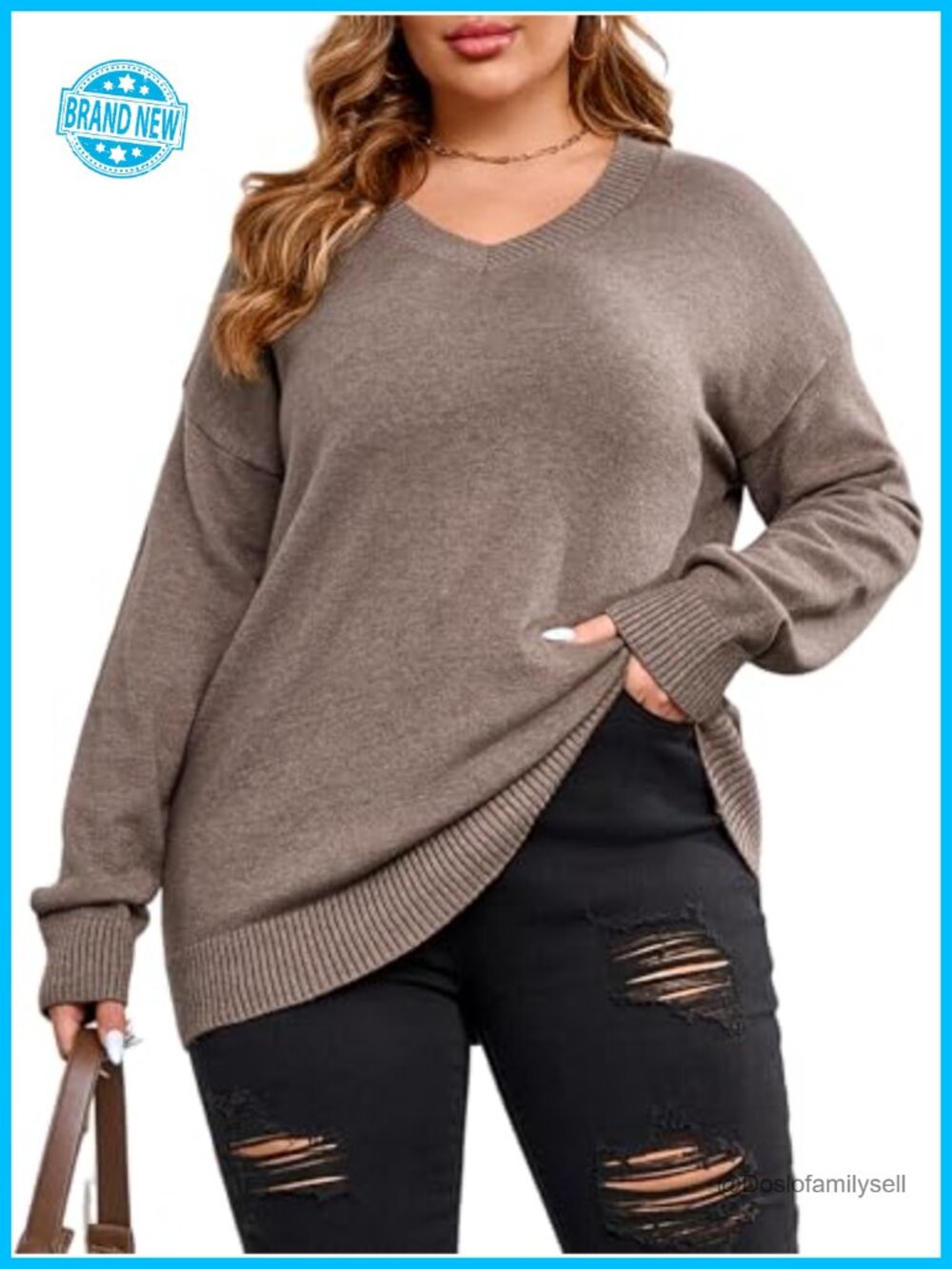 Plus Size V Neck Knit Pullover Sweater Long Sleeve